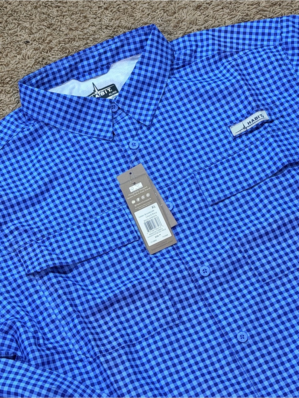 Habit Outdoor Breaking Dawn LS Fishing Shirt XL Brookside Check Navy UPF 50+ New